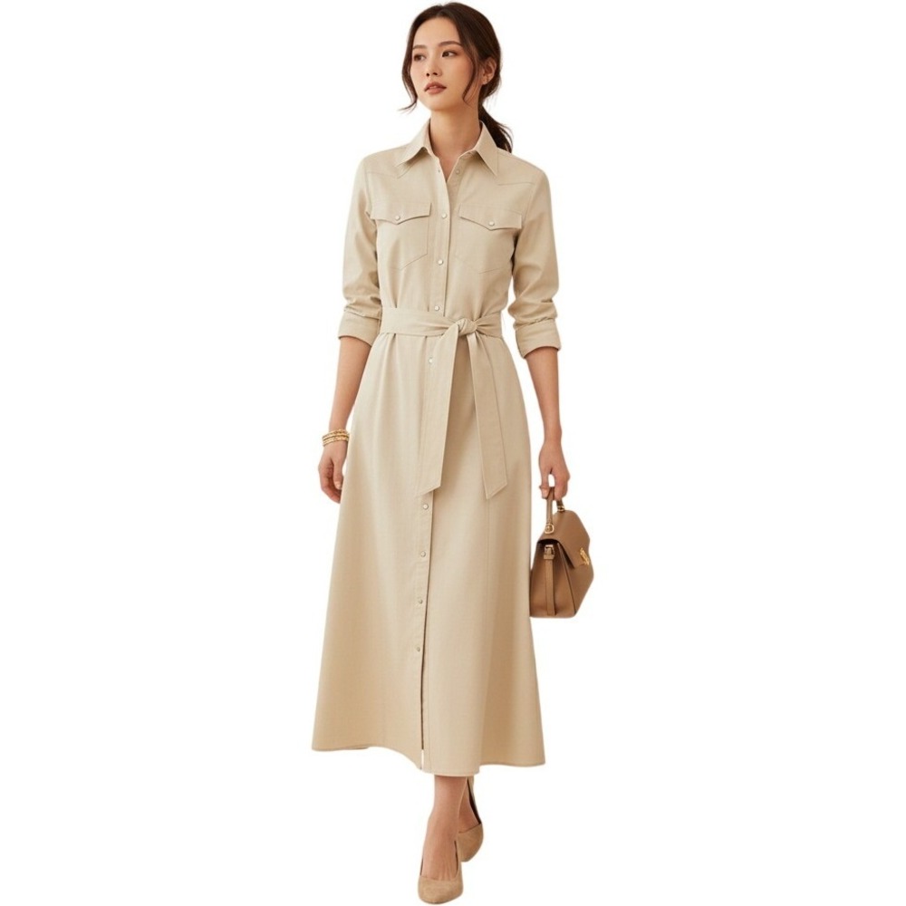MP Massimo PIOMBO Maxi Shirt Dress Italian Cotton Khaki XS Long Sleeve NWT $110